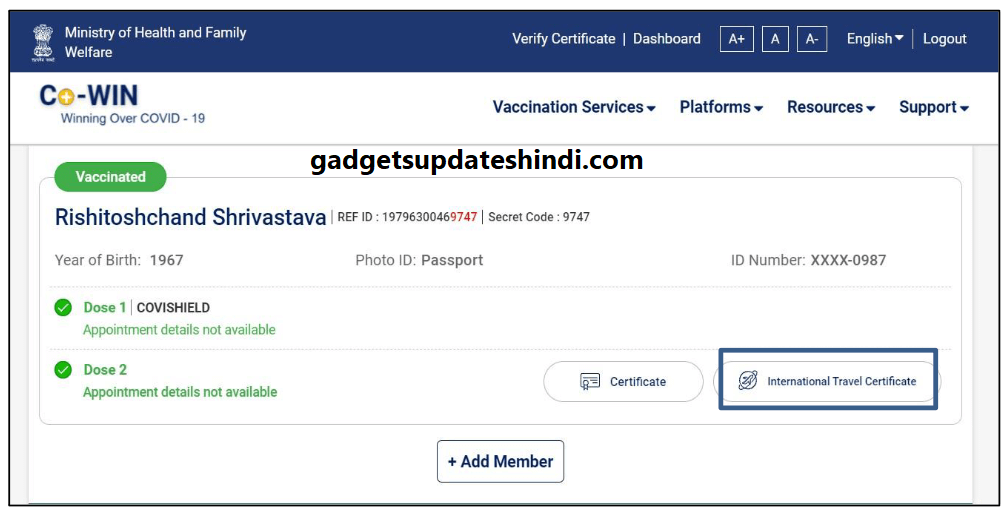 Download International Travel Certificate online step 2022