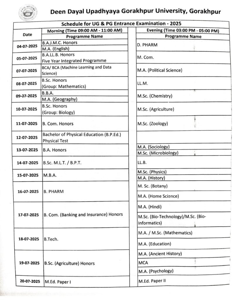 Schedule for UG & PG Entrance Examination
2025