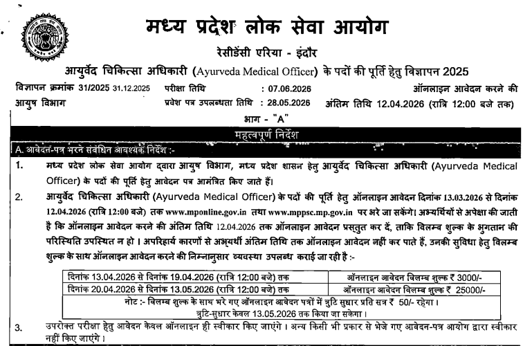 MPPSC Ayurveda Medical Officer Exam Pattern 2026